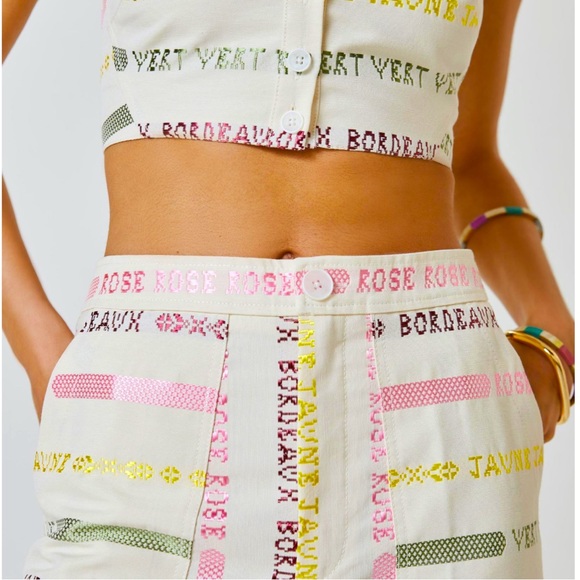 New Wine Bordeaux Rose Wide-Leg Cropped 2P | XS Off White Pink High-Rise Pants - Picture 4 of 11